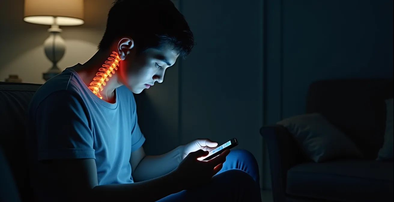 Image symbolique d'une personne avec posture cyphotique typique du syndrome du smartphone, tête penchée en avant et cage thoracique fermée