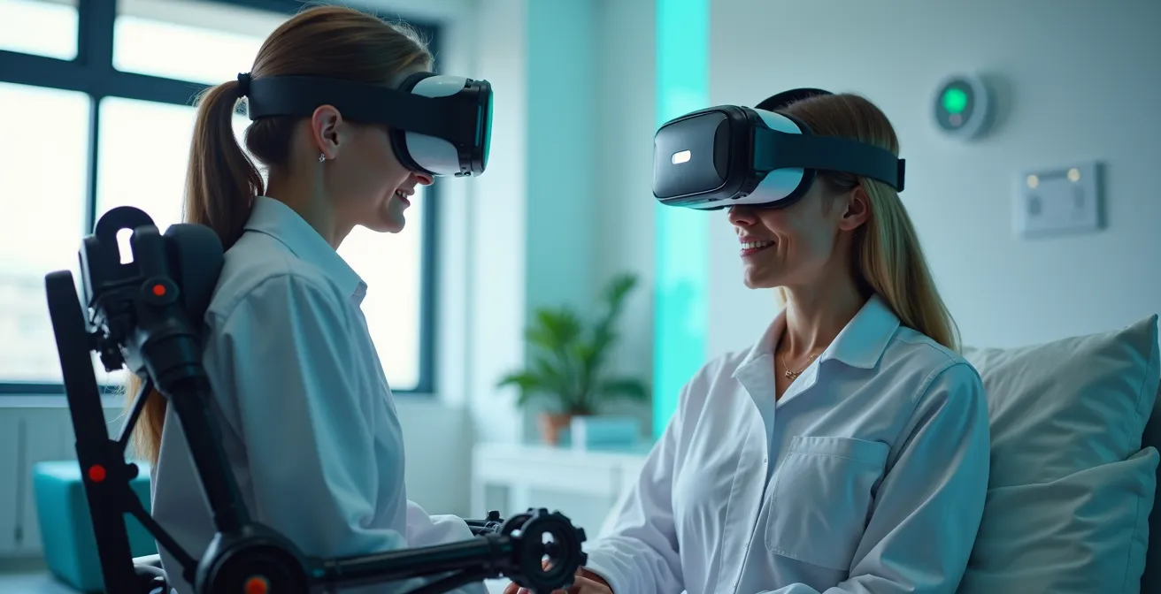 Scène de rééducation avec un patient utilisant un exosquelette et un casque de réalité virtuelle