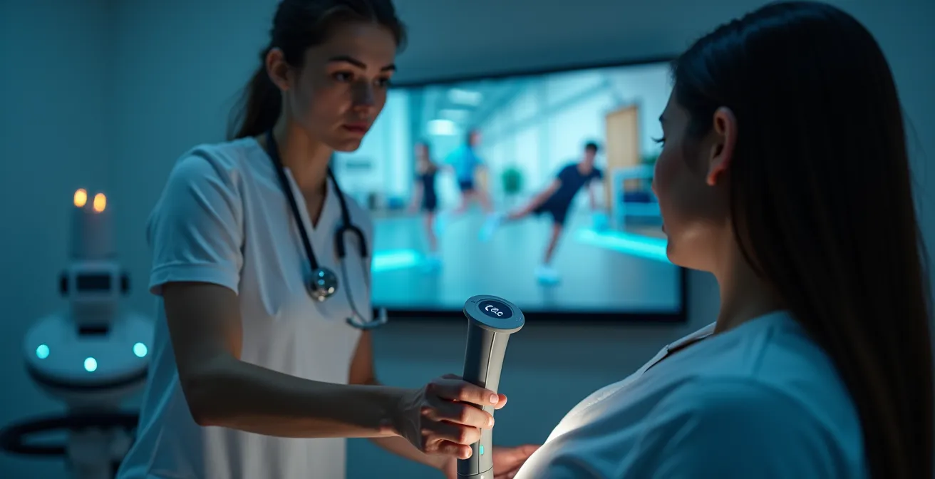 Image représentant un kinésithérapeute utilisant un appareil à ondes de choc sur un patient, avec en arrière-plan la projection d’un environnement de réalité virtuelle pour la rééducation