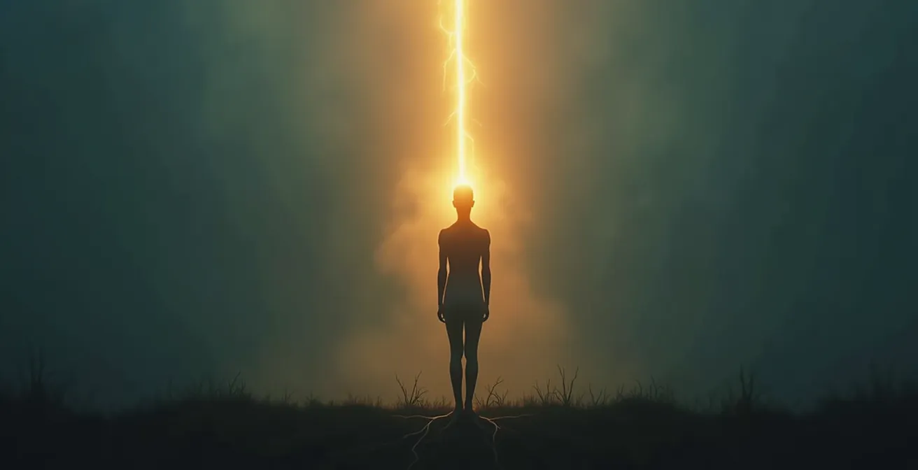 Illustration symbolique montrant une silhouette humaine allongée avec un fil d'or imaginaire tirant le sommet de la tête vers le ciel, avec des racines ancrées aux pieds