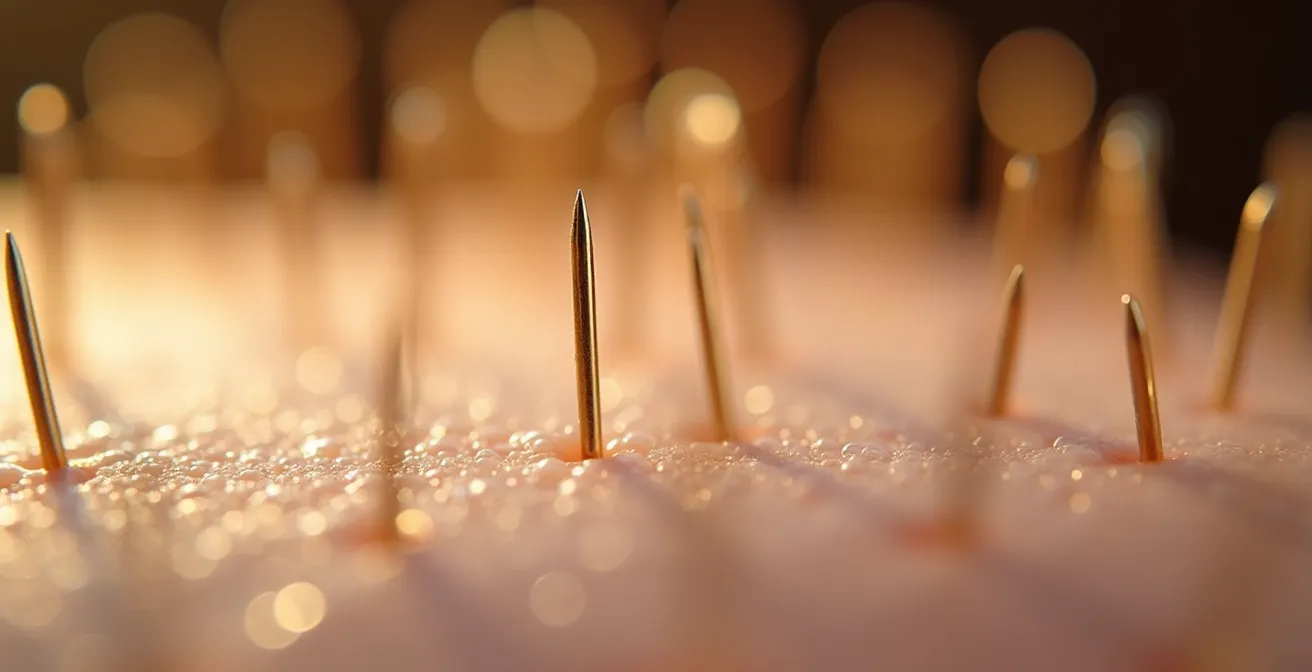 Gros plan sur des aiguilles d'acupuncture positionnées sur des points de fertilité