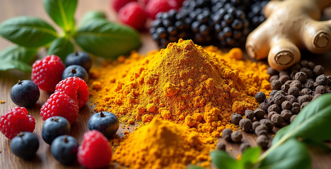 Vue macro d'épices anti-inflammatoires colorées et d'aliments frais disposés artistiquement