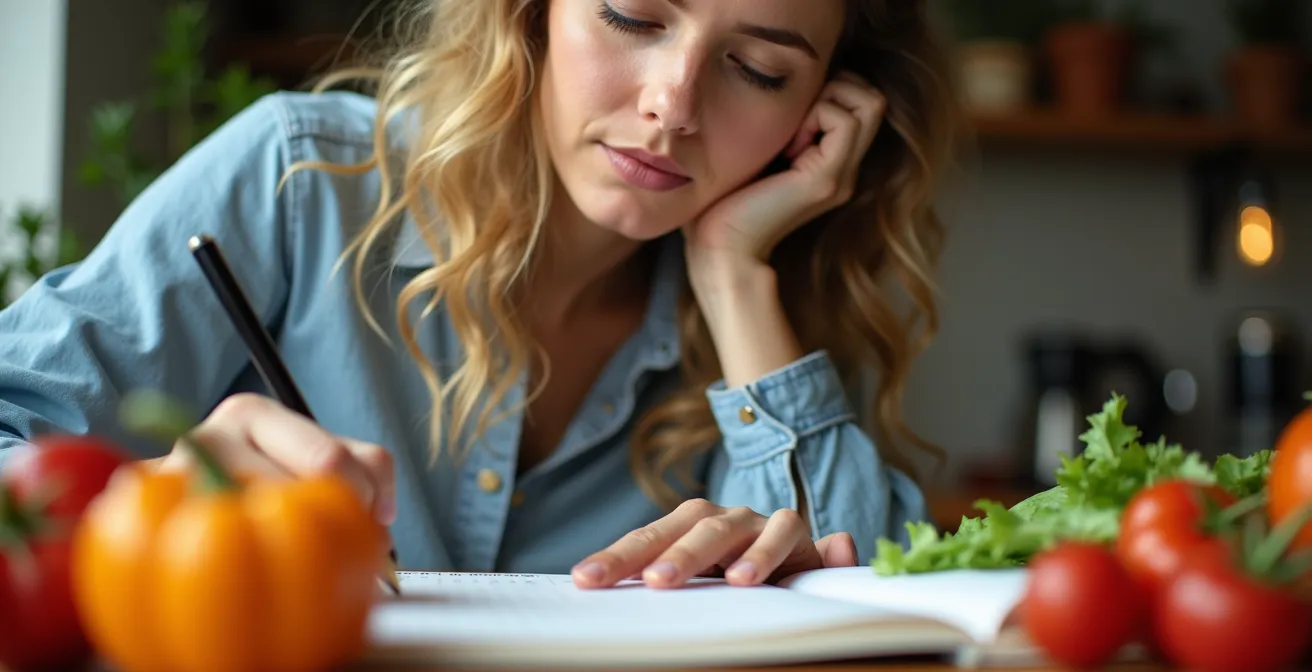 Personne analysant son journal alimentaire avec fruits et légumes colorés en arrière-plan