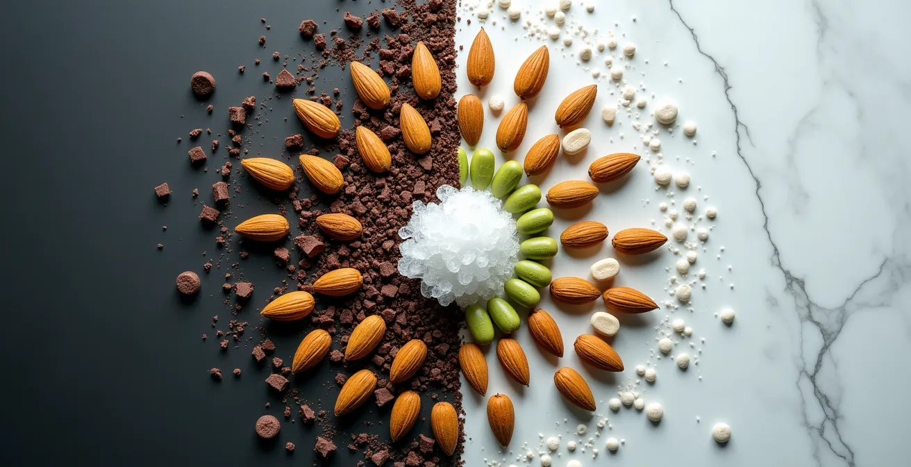 Représentation visuelle du cycle stress-magnésium avec une composition symbolisant l'épuisement et l'équilibre.