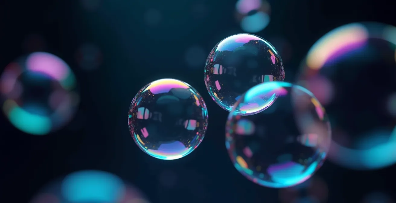 Gros plan macro sur des bulles de savon irisées flottant dans l'obscurité, créant des reflets lumineux abstraits