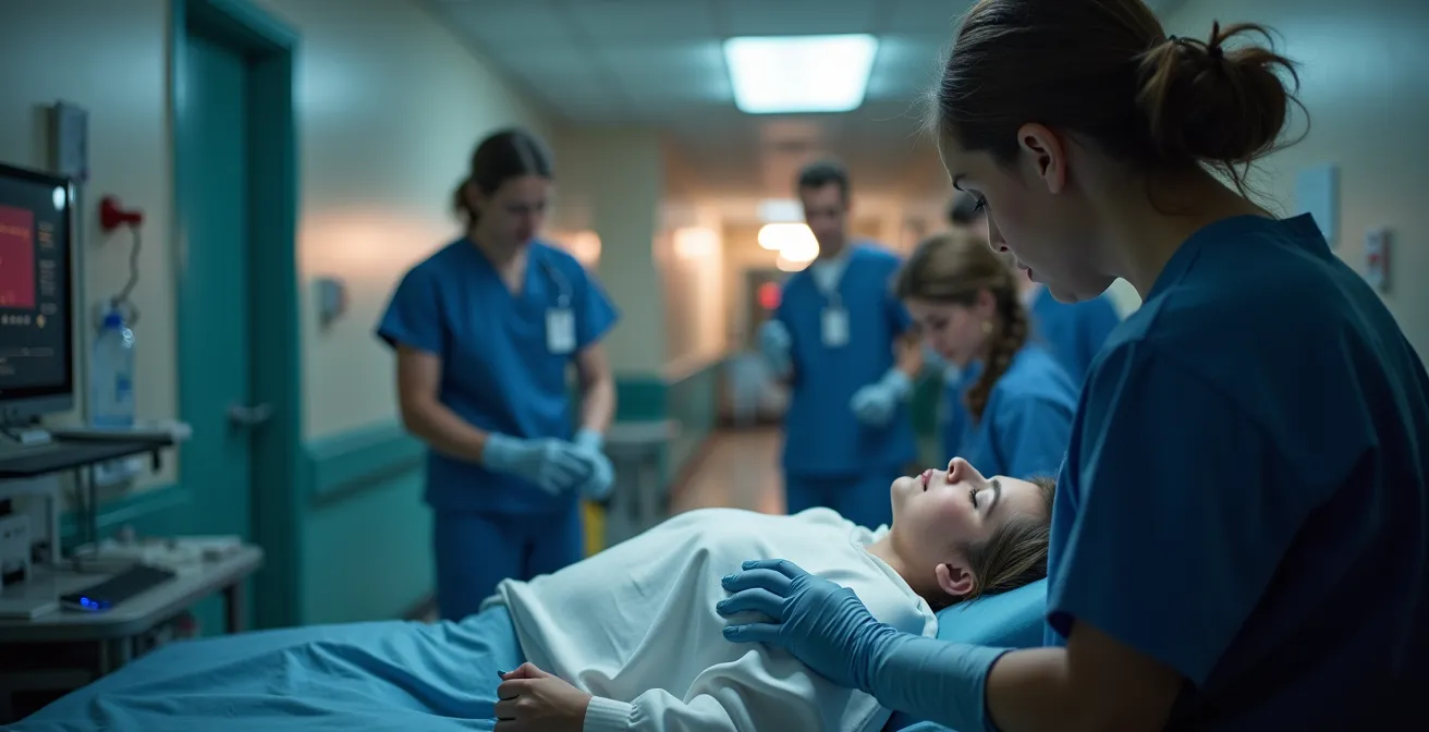 Représentation visuelle de la chaîne de survie en urgence cardiaque avec équipement médical et professionnels