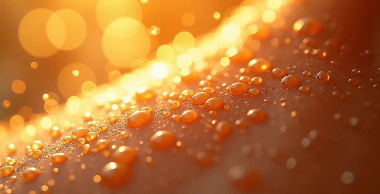 Vue macro rapprochée sur les tissus musculaires détendus sous l'effet de l'eau chaude avec vapeur et gouttelettes