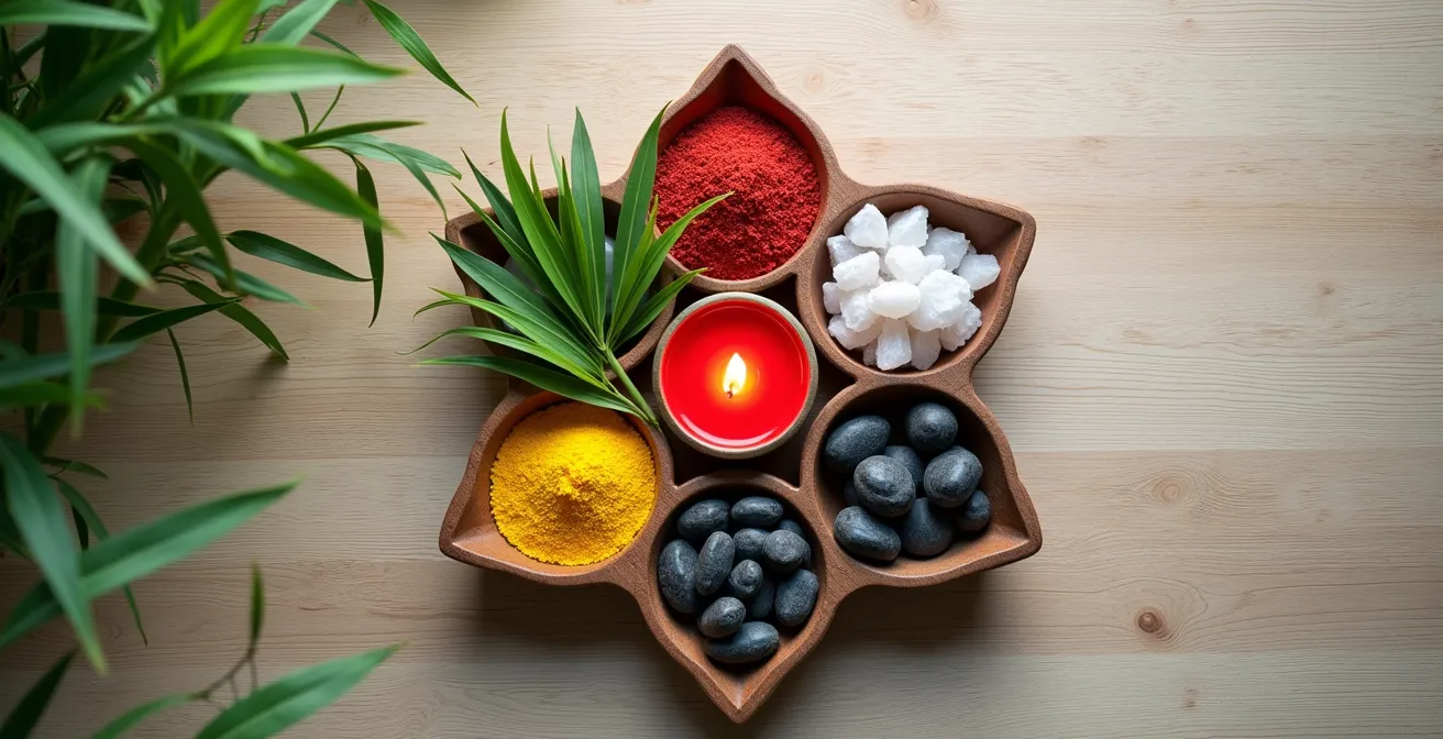 Composition symbolique des cinq éléments de la médecine chinoise avec éléments naturels