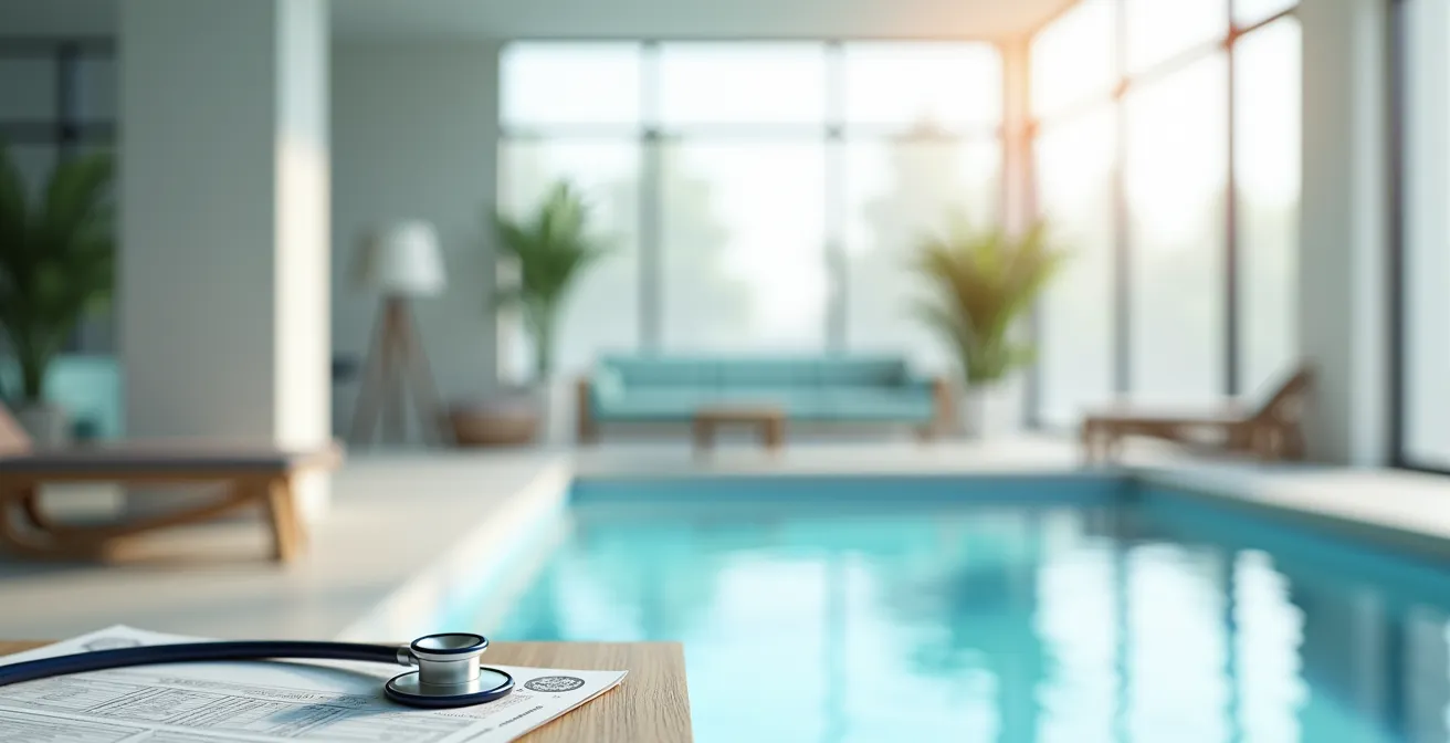 Environnement médical moderne avec vue sur bassin de balnéothérapie en arrière-plan flou