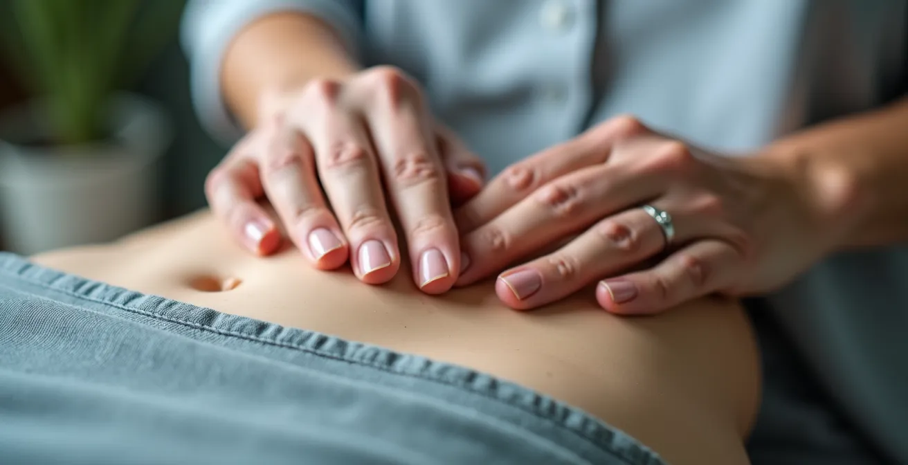 Gros plan sur les mains d'un praticien effectuant une palpation diagnostique sur l'abdomen