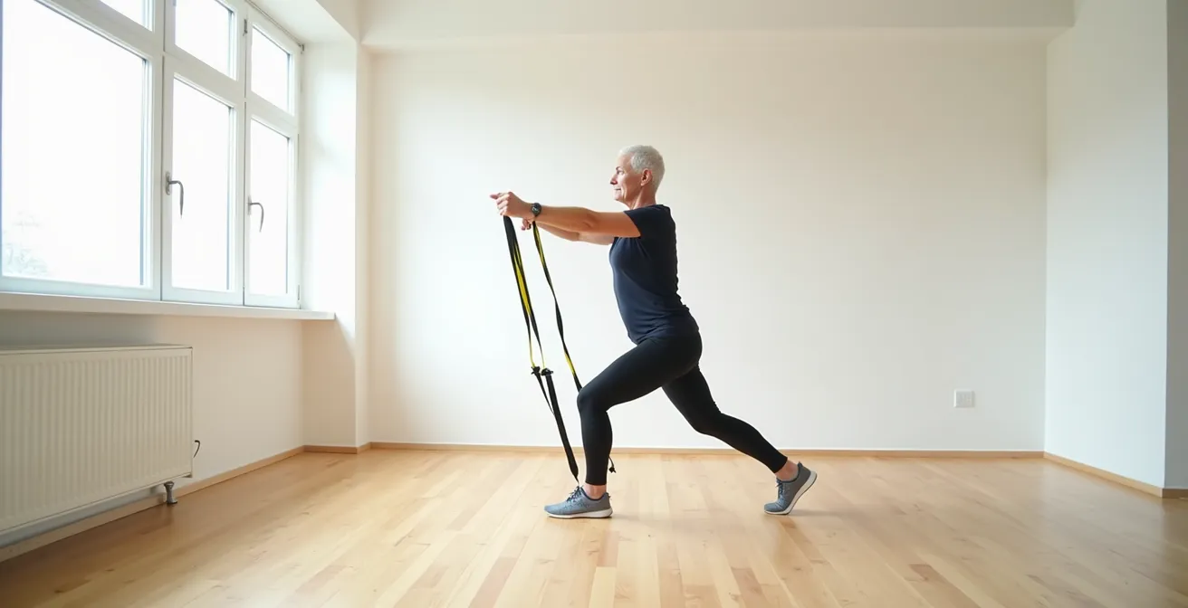 Personne effectuant un exercice avec bande élastique dans un environnement épuré