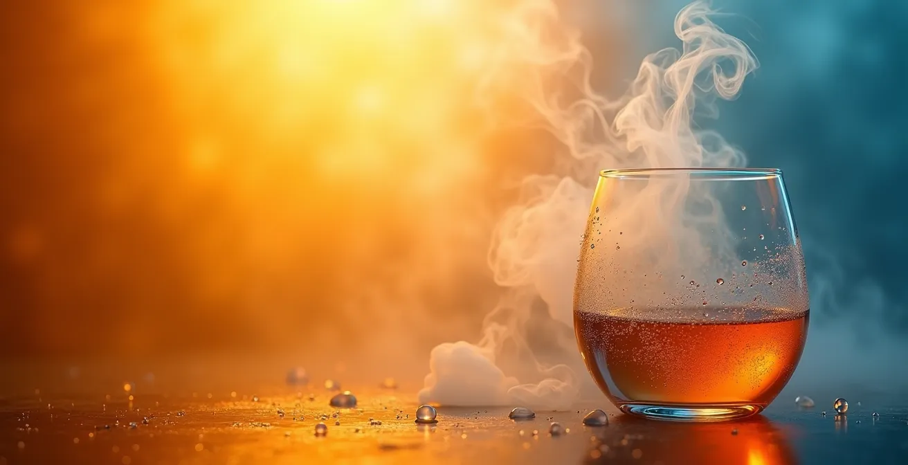 Atmosphère vaporeuse et chaleureuse évoquant la détente thermique avant le sommeil