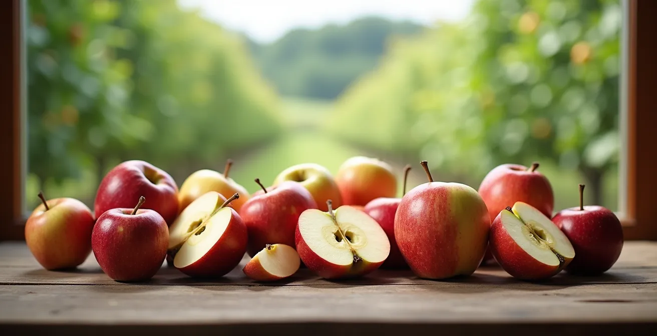 Comparaison visuelle entre des variétés de pommes anciennes, plus petites et imparfaites, et des pommes modernes, calibrées et brillantes.