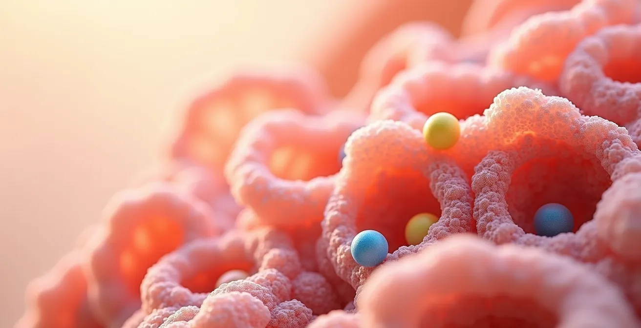 Vue macro d'une coupe transversale de villosités intestinales stylisées avec des nutriments colorés