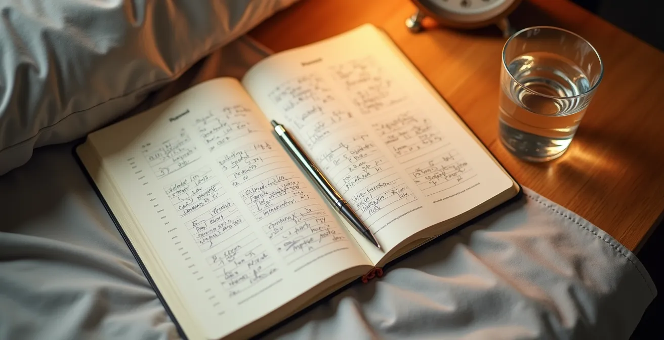 Vue en plongée d'un carnet de notes ouvert sur une table de chevet avec un stylo posé à côté, éclairé par une lampe douce