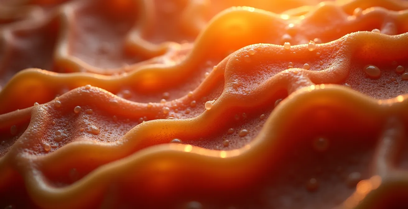 Coupe transversale artistique du système digestif montrant le trajet des aliments