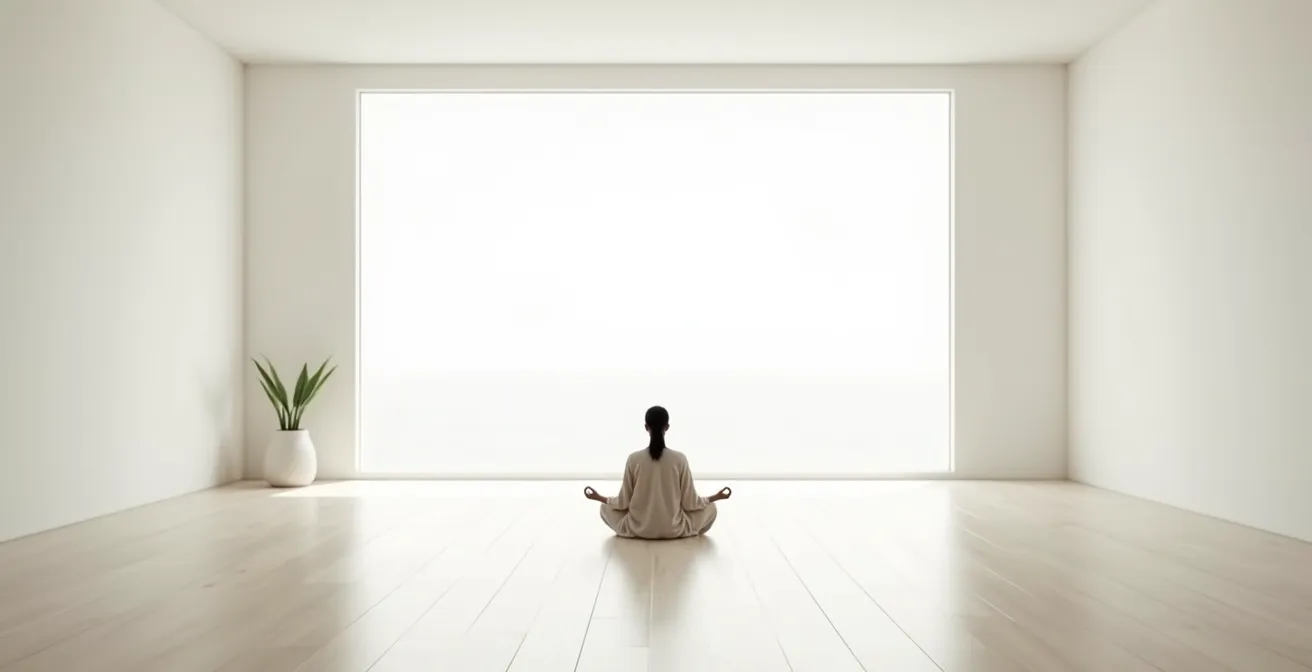 Personne en méditation dans un espace épuré et apaisant avec lumière naturelle douce