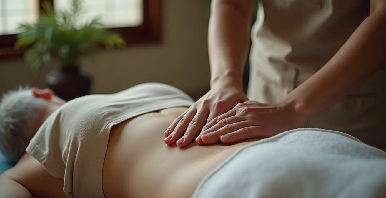 Praticien de shiatsu effectuant un bilan énergétique sur un patient habillé allongé sur un futon