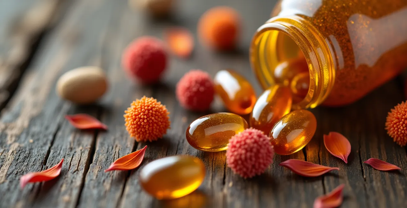 Macro détaillée de gélules, baies d'argousier et racines d'échinacée sur surface en bois