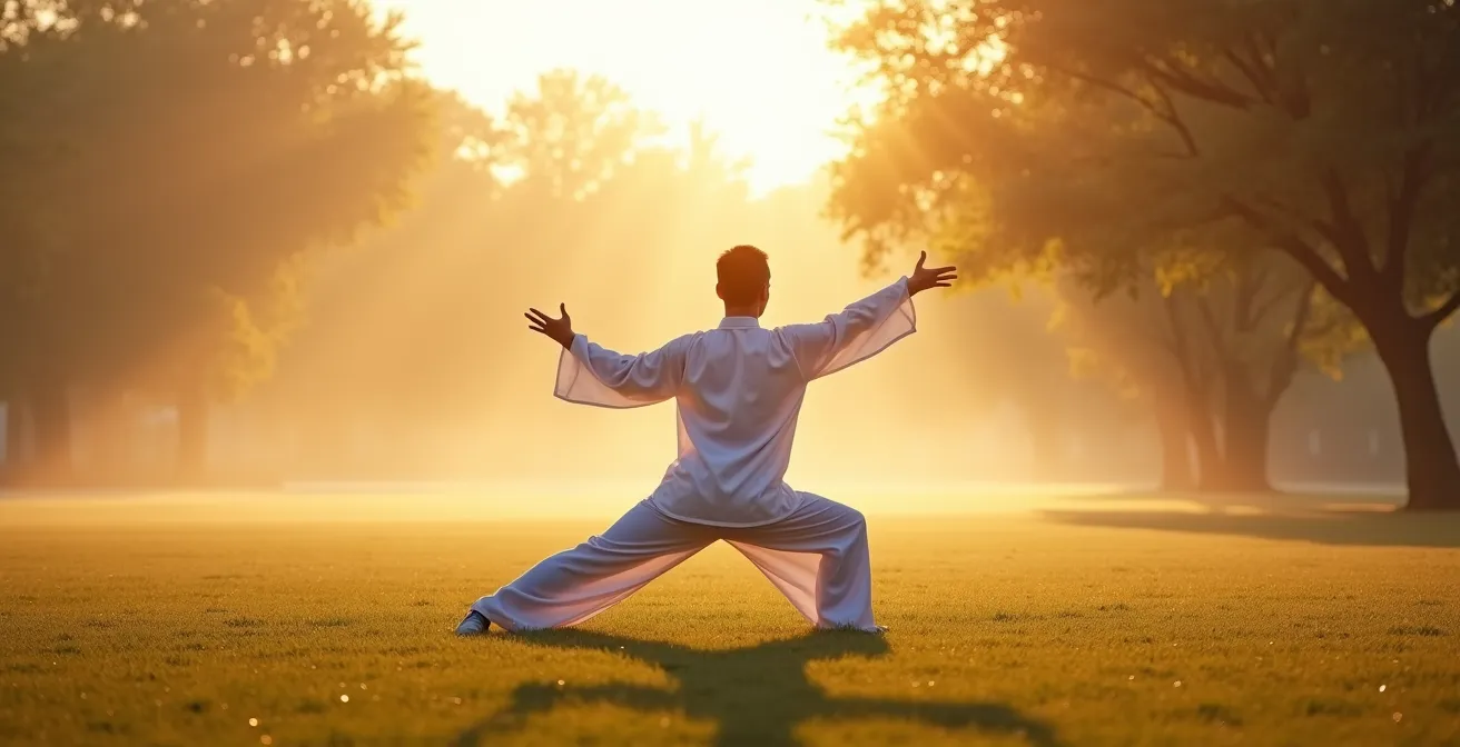 Personne pratiquant le Qi Gong dans un parc au lever du soleil