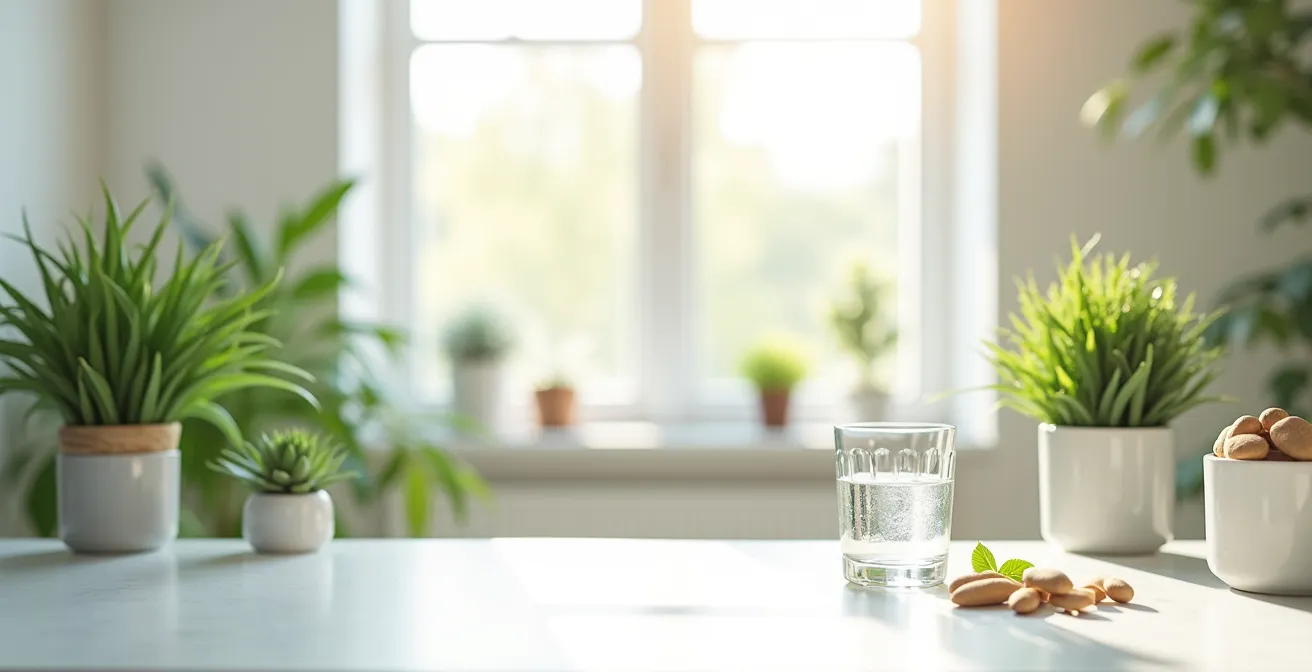 Espace de travail minimaliste avec plantes vertes et lumière naturelle apaisante