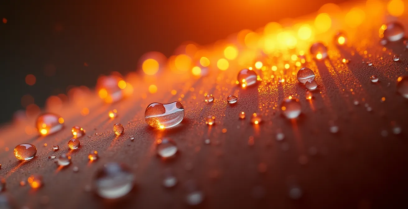 Vue macro de fibres musculaires avec effets de chaleur représentant l'activation métabolique
