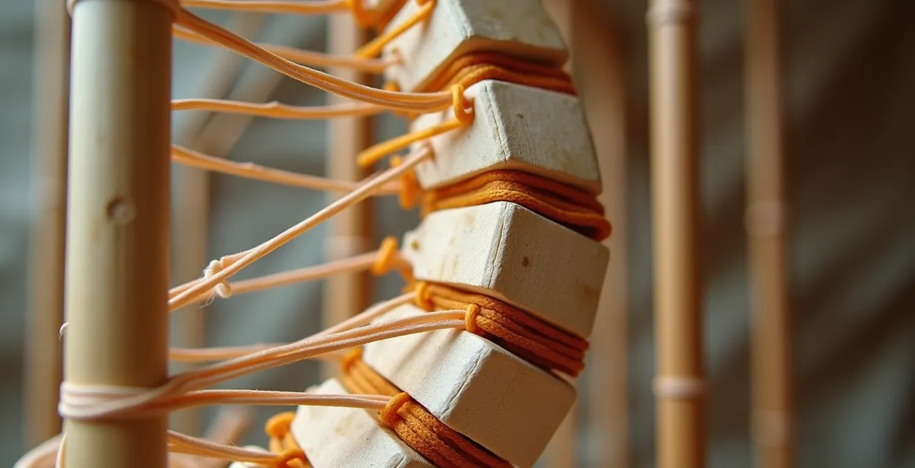 Vue macro de structures de tension et compression illustrant le principe de tenségrité